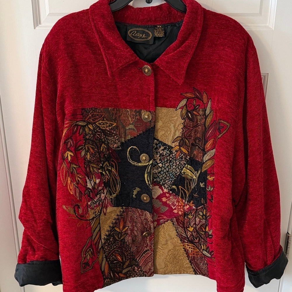 Vintage Alex Kim boho Chenille patchwork embroidered button jacket artsy  3X